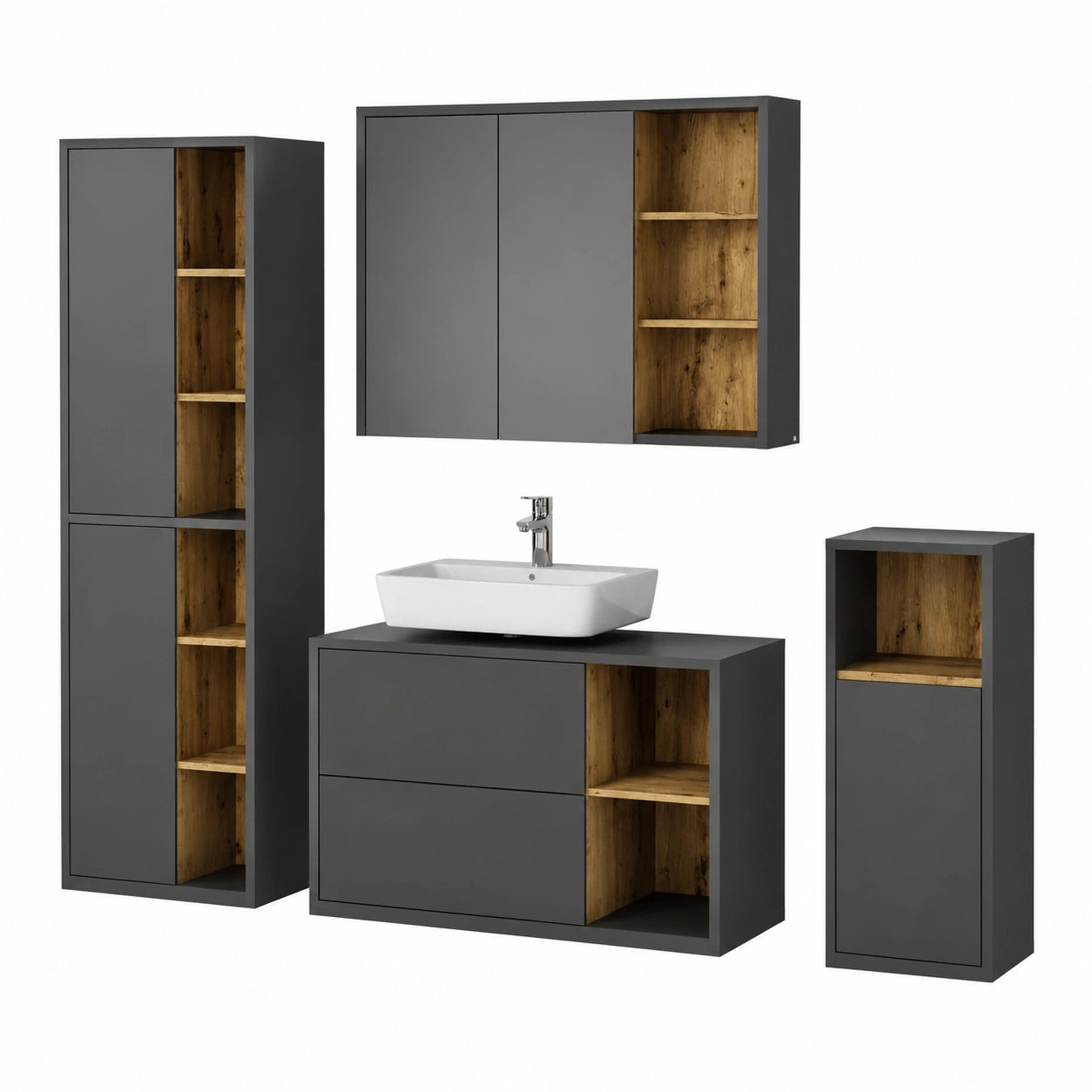 Ensemble de meubles de salle de bain, 4 pièces, coloris anthracite, pour la salle de bain